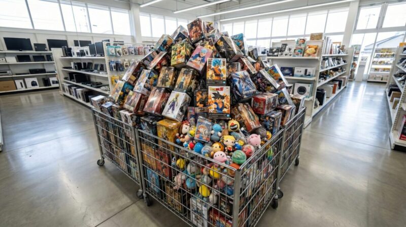 部屋を占領していた大量のプライズフィギュアや一番くじの下位賞を、カートに乗せて店舗に持ち込む様子