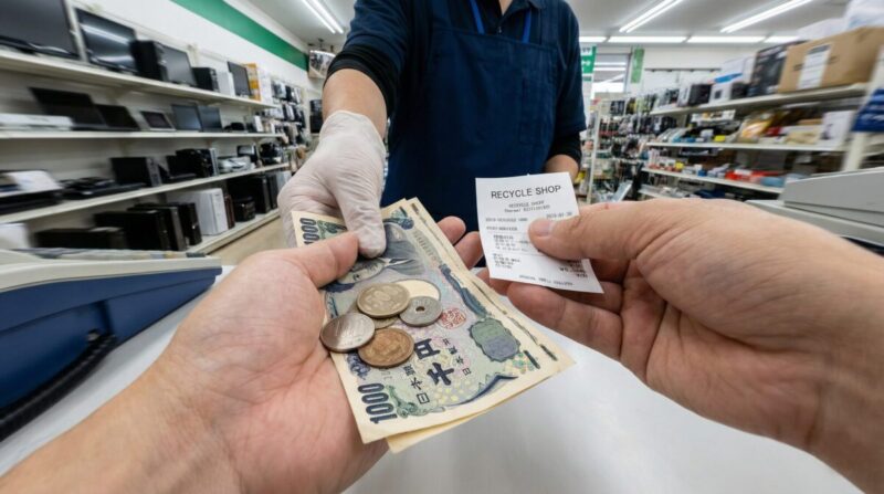 面倒な梱包作業なしで、査定終了後にカウンターですぐに現金を受け取る手元のクローズアップ