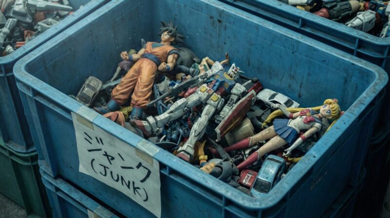 箱なしやパーツ欠品のフィギュアが乱雑に投げ込まれた、リサイクルショップのジャンクコーナー（青箱）