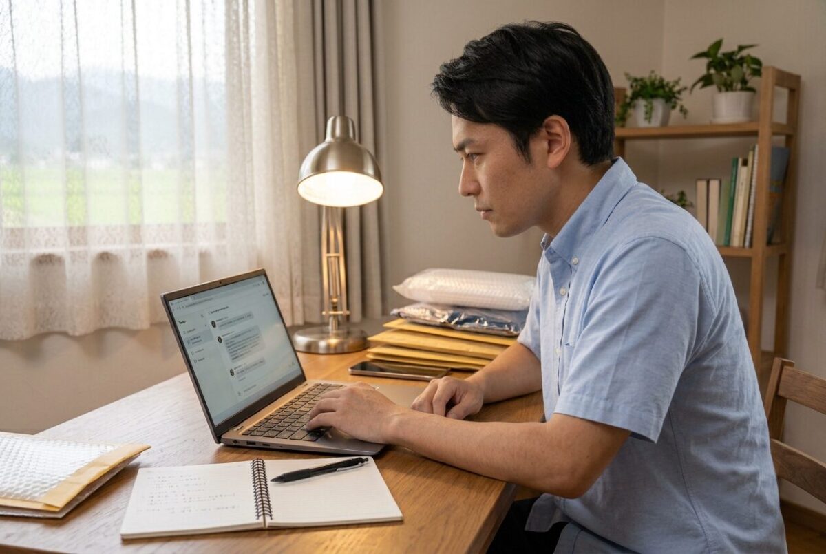 メルカリの取引メッセージを確認する男性セラー