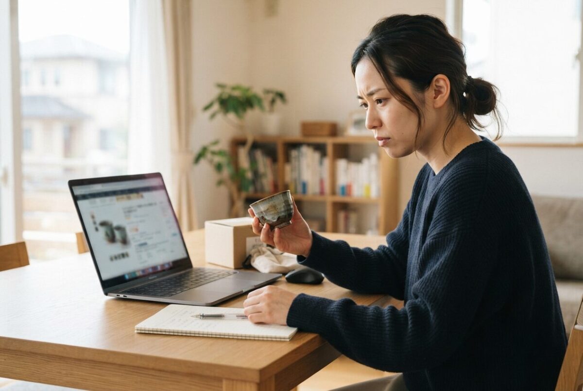 商品説明と実物を見比べて確認する出品者の女性
