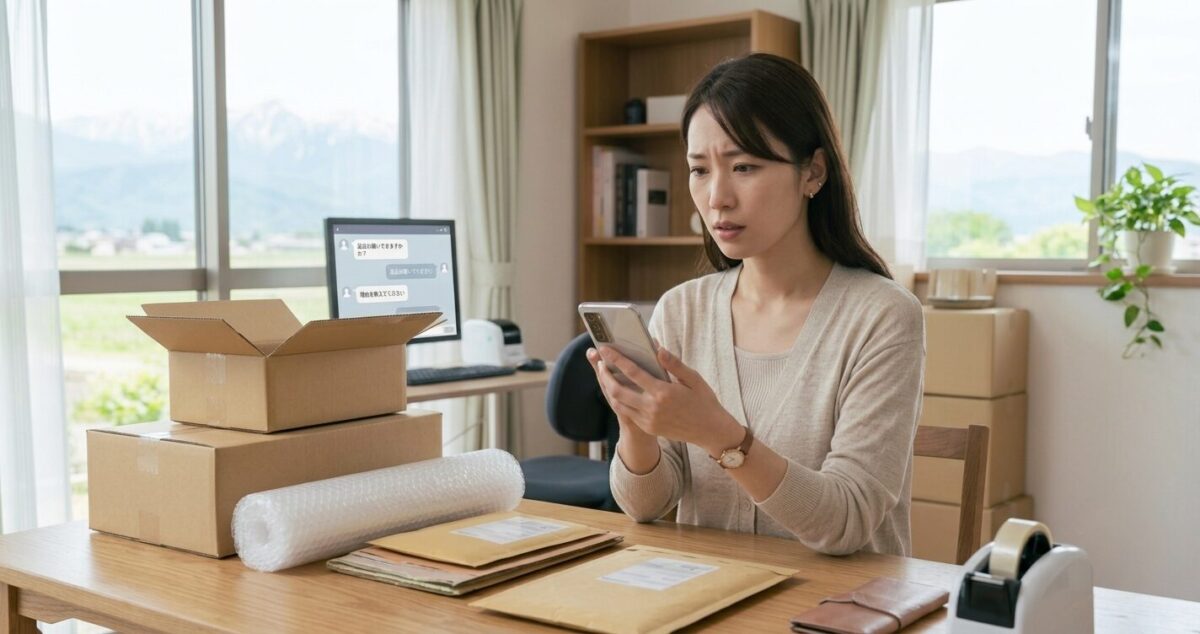 メルカリで返品メッセージを確認し冷静に対応しようとする女性セラー