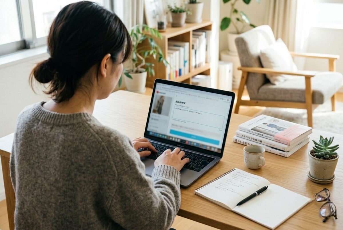 メルカリの商品説明文に代行業者お断りのポリシーを入力して出品準備をするセラー