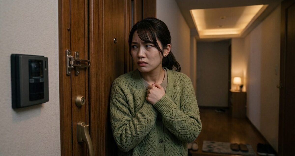 直接引き取りで来訪者に不安を感じ玄関内に立つ女性
