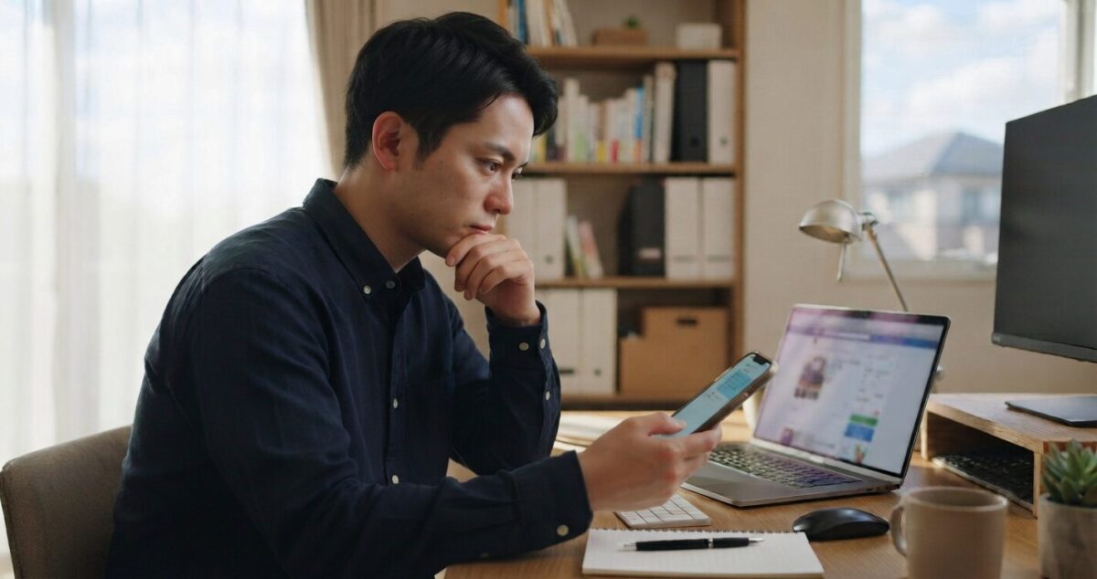 ヤフオクの返品要求メッセージを確認し冷静に対応を考える出品者の男性