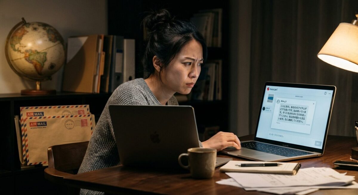 海外代行業者からの不審な取引メッセージを警戒しながら確認するセラー