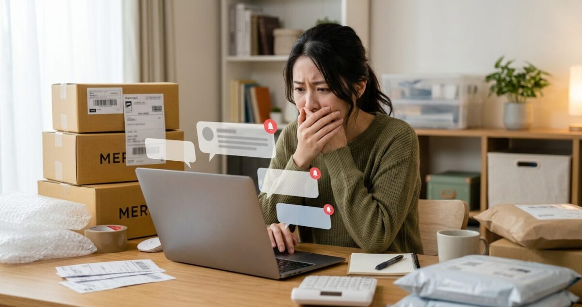 メルカリで楽一番からの購入通知を見て困惑するセラーのイメージ