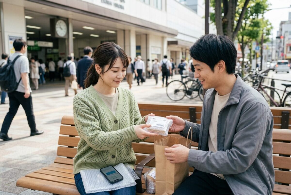 公共の場所での安全な受け渡しの様子