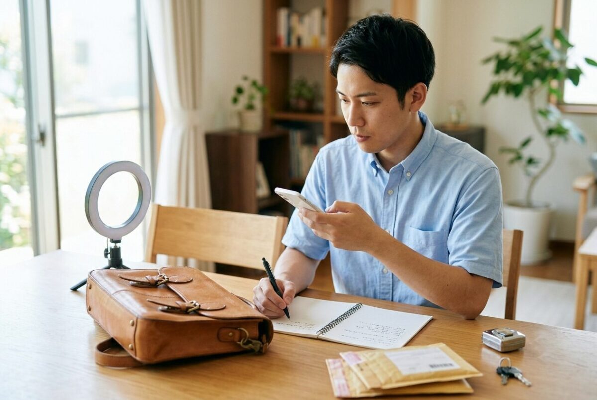 出品前に商品の状態を記録する男性セラー