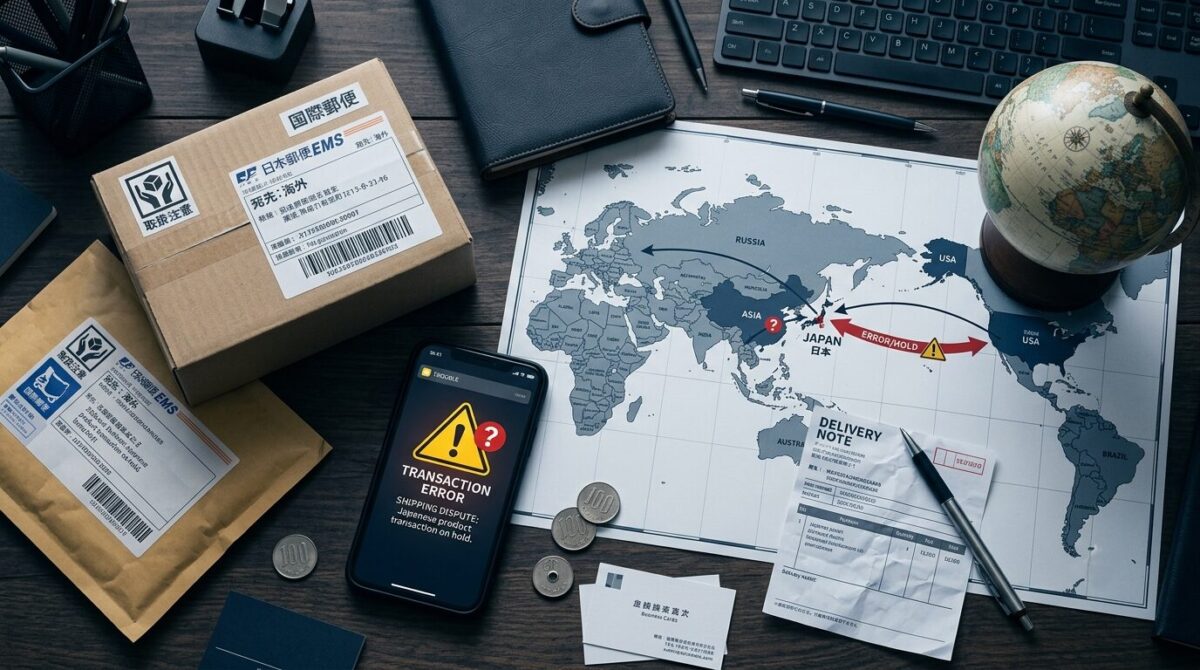 Buyee経由の海外取引トラブルを表す梱包商品と世界地図の俯瞰イメージ