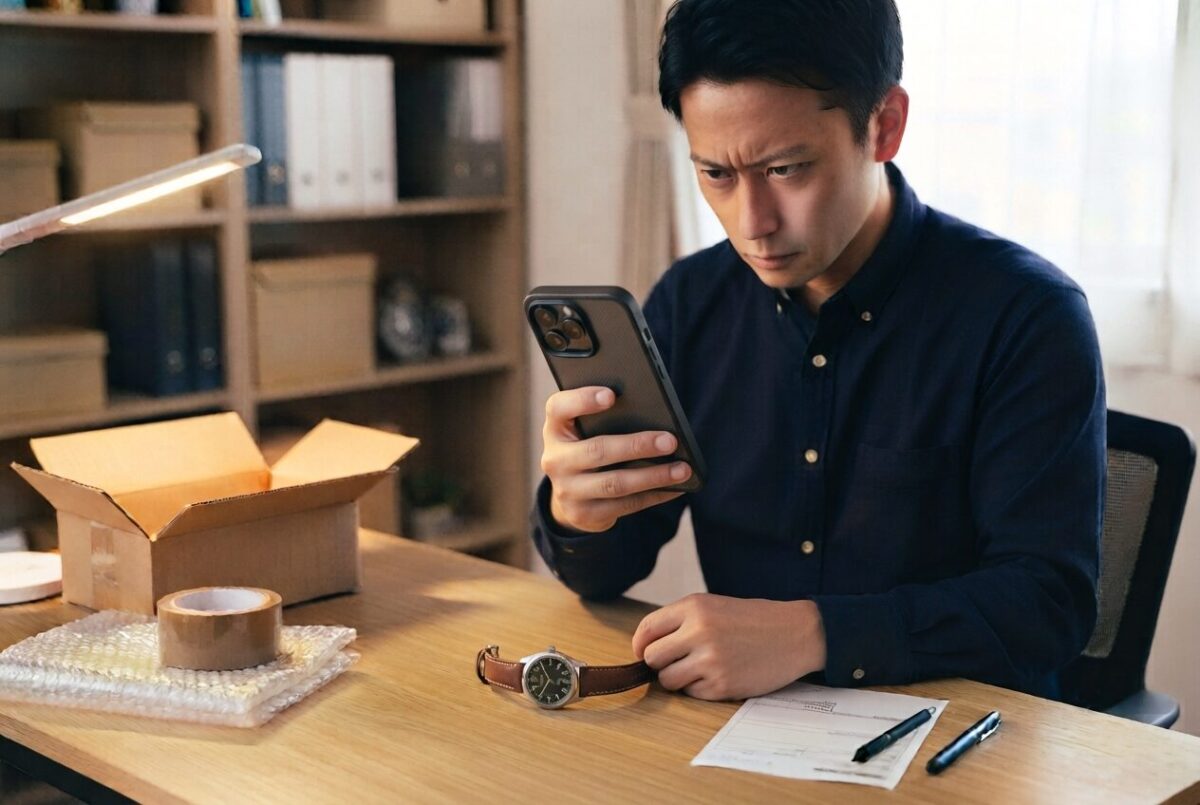 発送前に商品の状態をスマートフォンで動画記録する出品者の男性