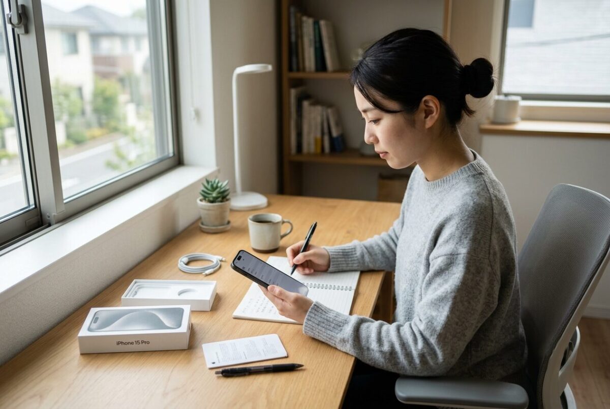 メルカリで購入したiPhoneの設定画面を慎重に確認している購入者