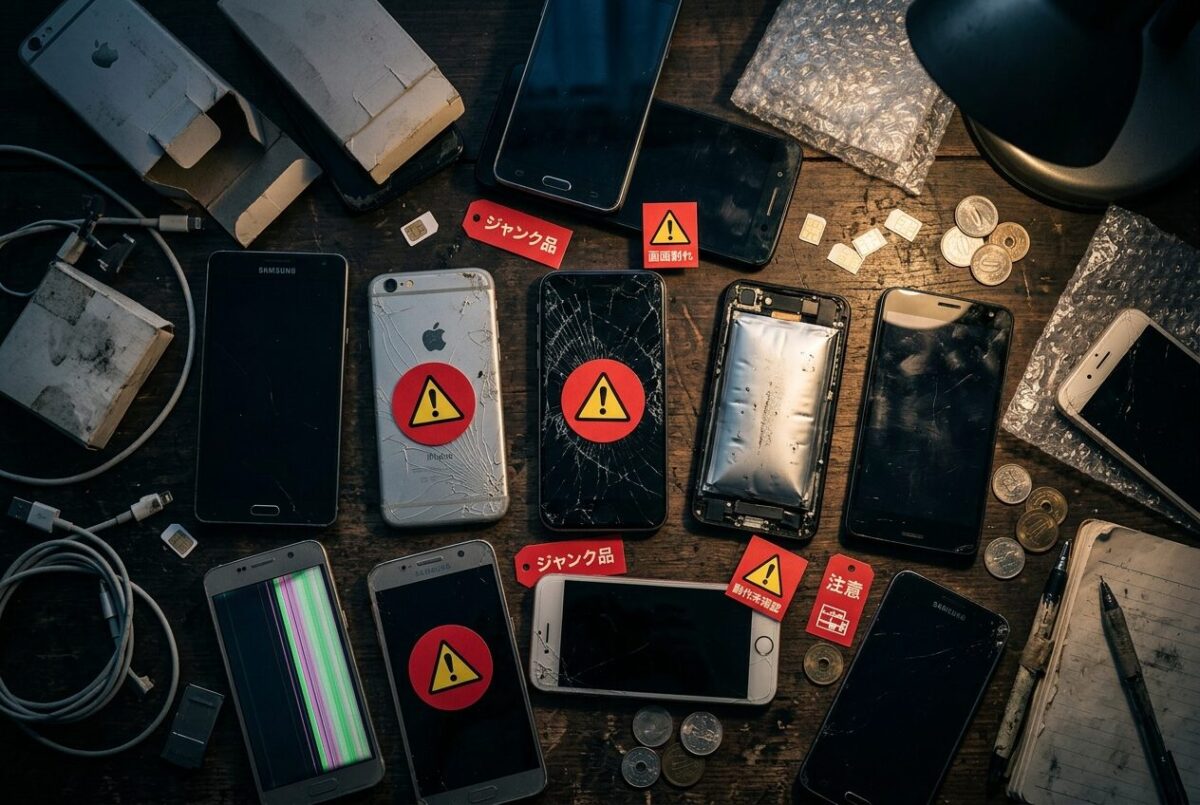 フリマアプリで出品されている状態の怪しいiPhone・スマートフォンの俯瞰イメージ
