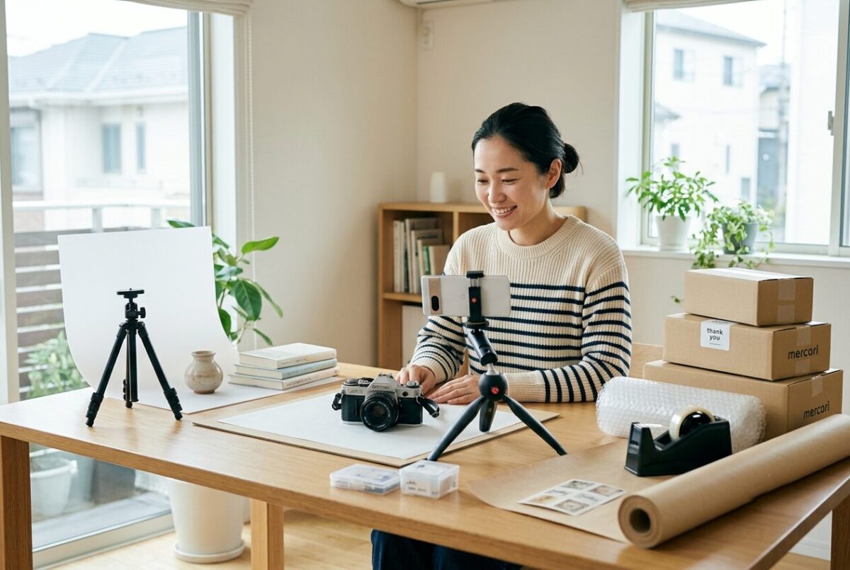 メルカリ出品前に商品を丁寧に動画記録して準備する日本人セラー