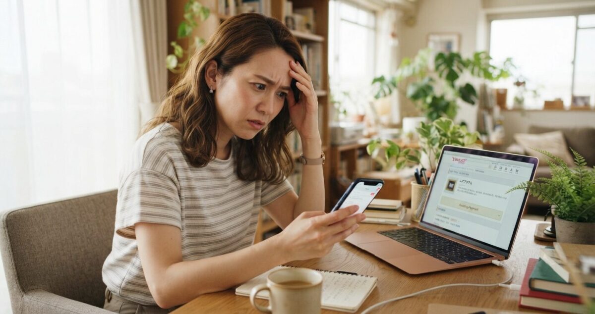 ヤフオクの入金確認をスマートフォンとパソコンで心配そうに確認する出品者の女性