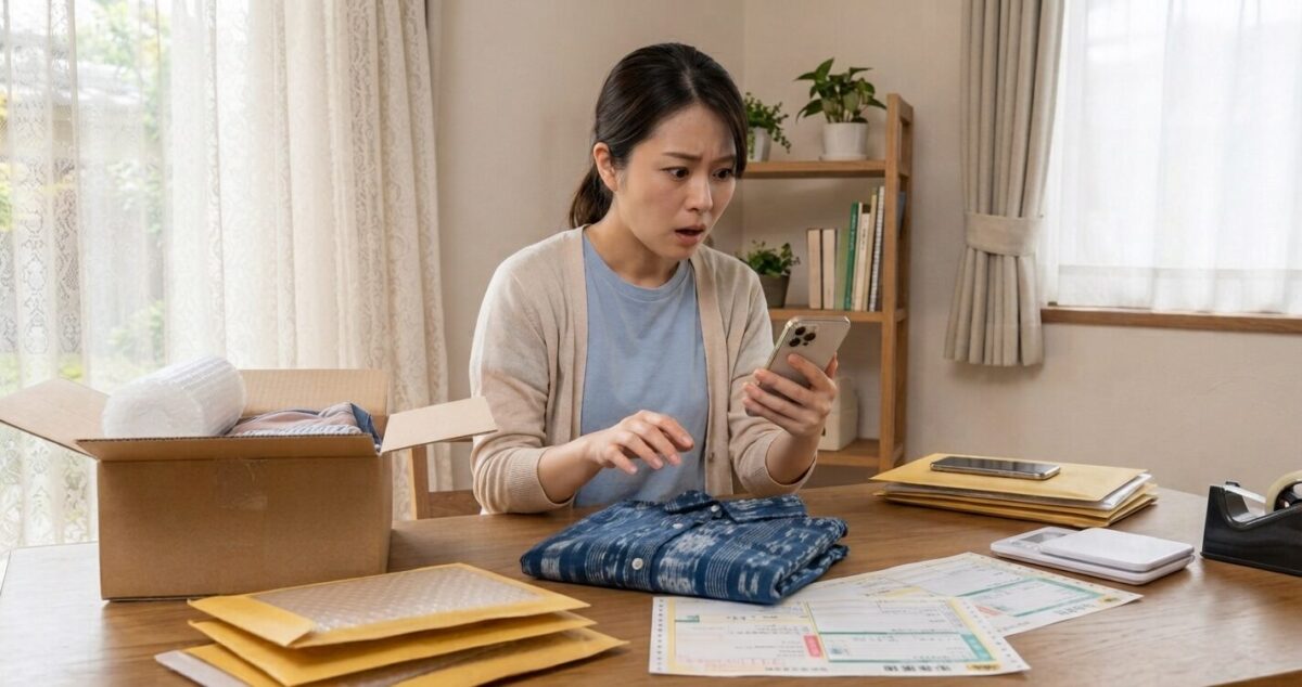 梱包作業中に外国人購入者からの通知に気づき手を止める女性セラー