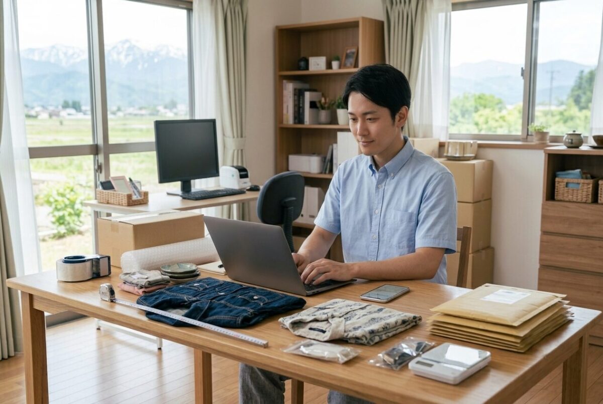 出品前に商品説明文を丁寧に作成する男性セラー